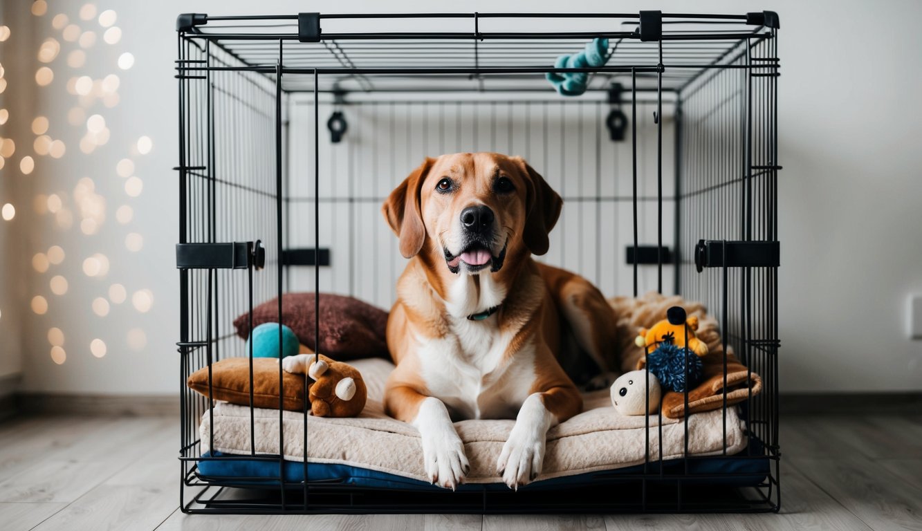An older dog sitting comfortably in a spacious and well-ventilated crate, surrounded by familiar toys and blankets, with a calm and relaxed expression on its face