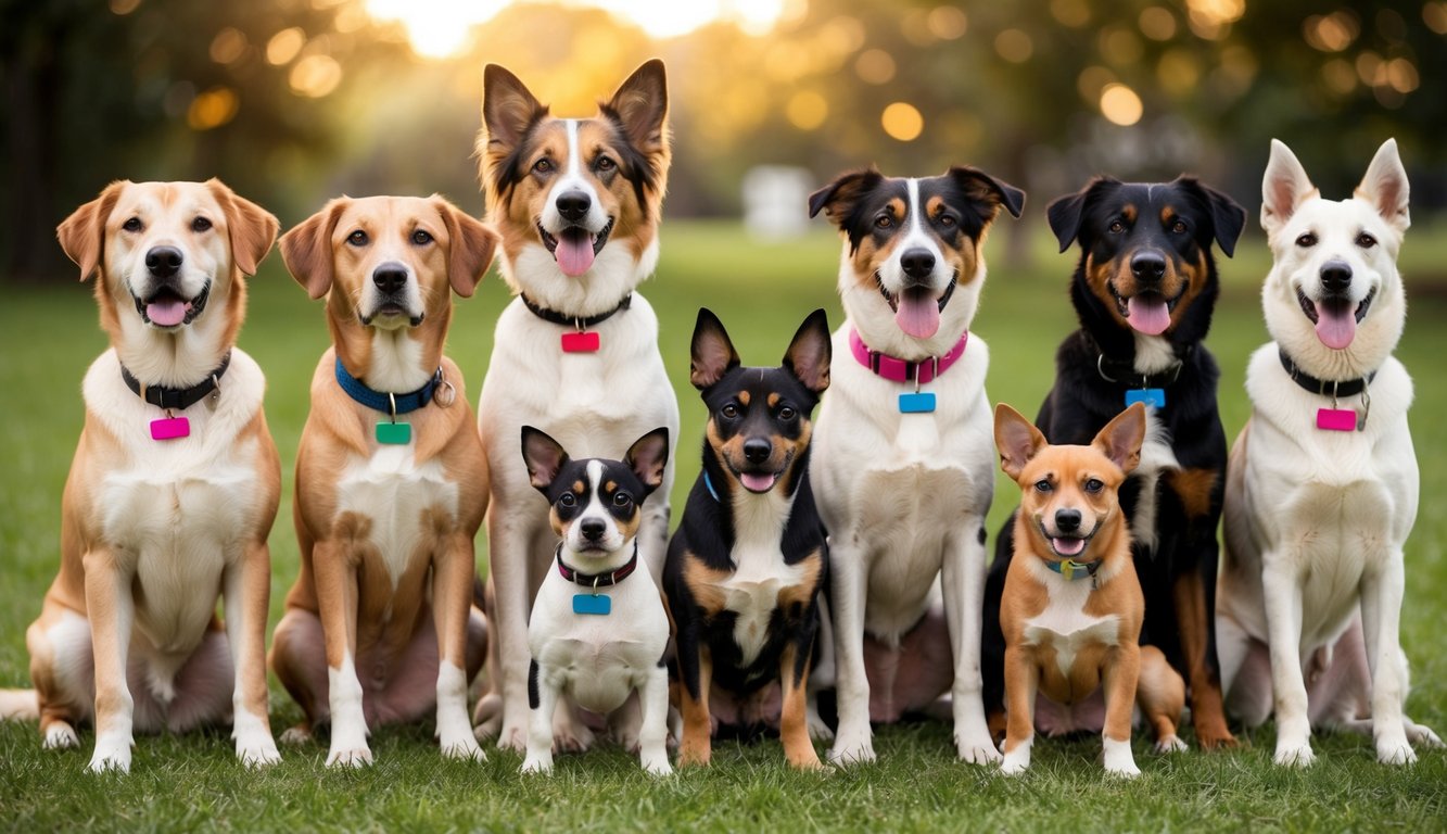 A diverse group of dogs of various breeds and sizes, each with a name tag indicating a gender-specific name