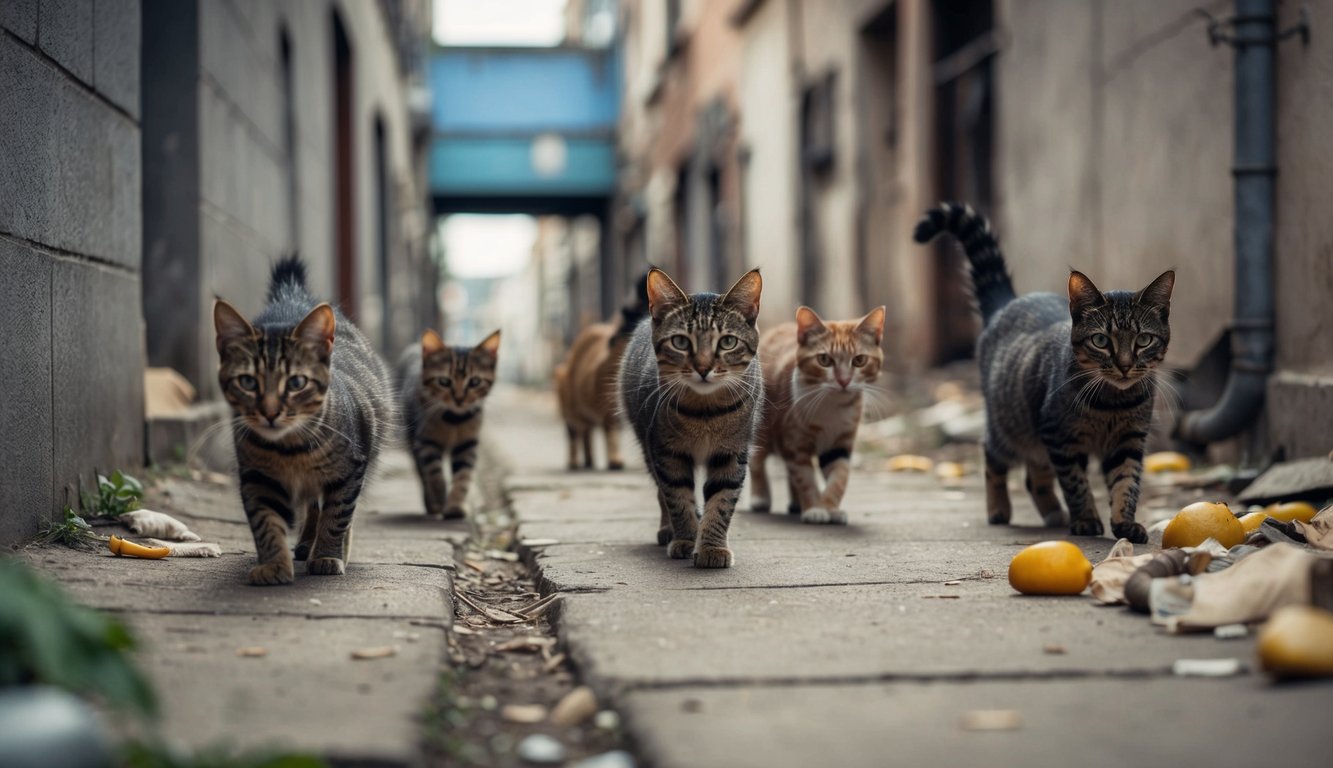 A group of feral cats roam freely in an urban environment, seeking shelter and scavenging for food among abandoned buildings and alleyways