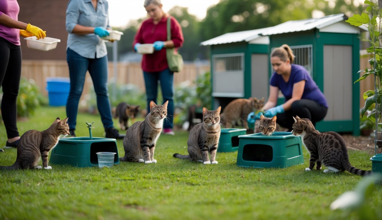 A group of feral cats gather around feeding stations and shelters in a community garden, while volunteers provide food and water