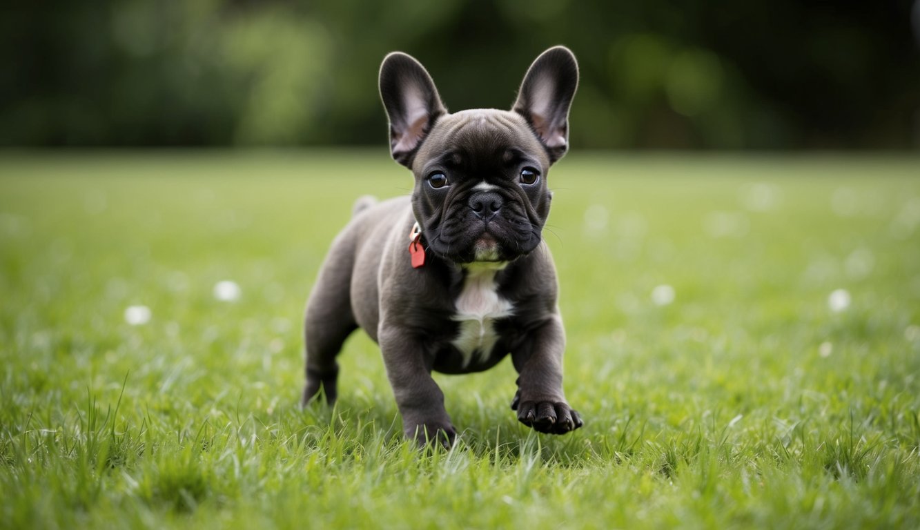 A French Bulldog puppy playing in a grassy field, with a curious expression and distinctive bat-like ears