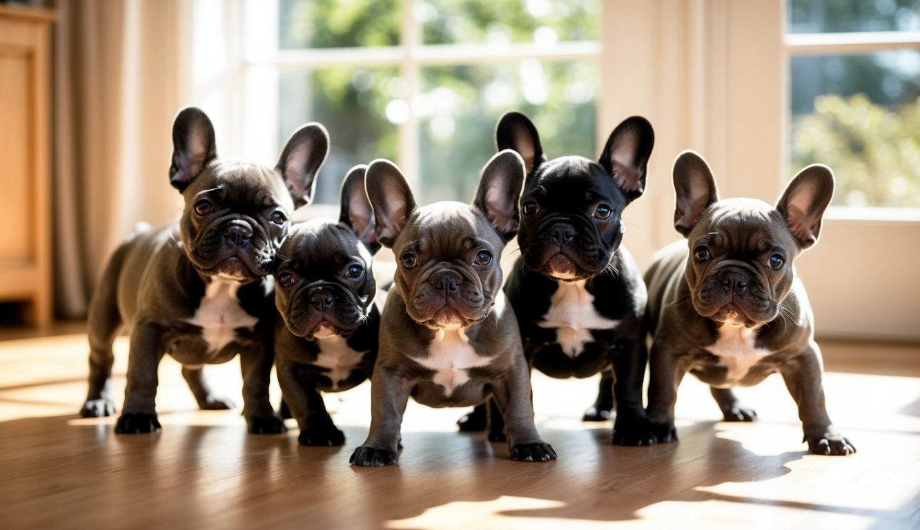 A group of lively French Bulldog puppies playfully interact in a sunlit room, showcasing their distinctive bat-like ears and compact, muscular bodies
