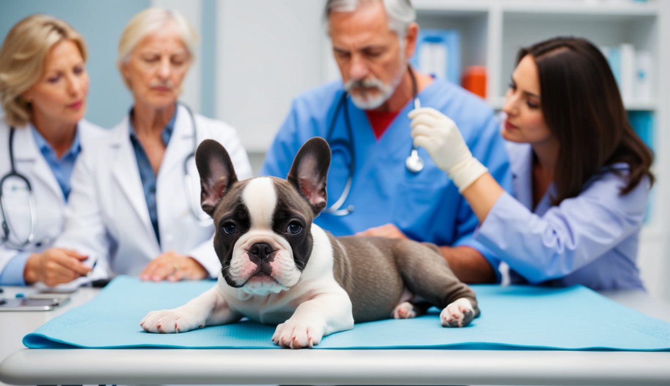 A French Bulldog puppy lying on a veterinarian's examination table, with concerned owners in the background. The vet is checking the puppy's ears and eyes while discussing health concerns