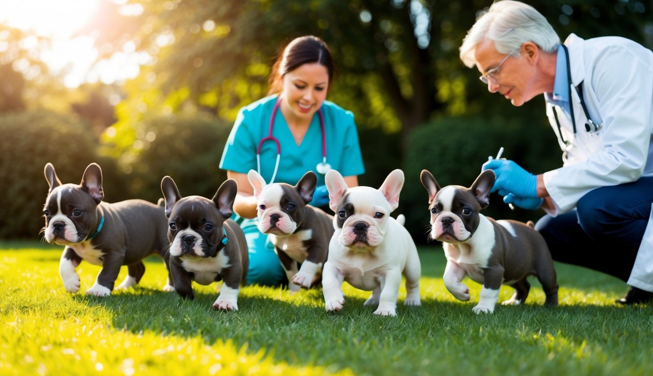 A group of lively French Bulldog puppies playing in a sunny, grassy yard with a veterinarian examining them for preventive health measures