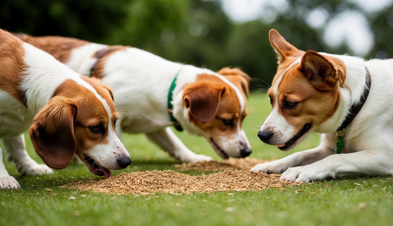 Dogs sniff and roll in scattered catnip, some show excitement, others curiosity