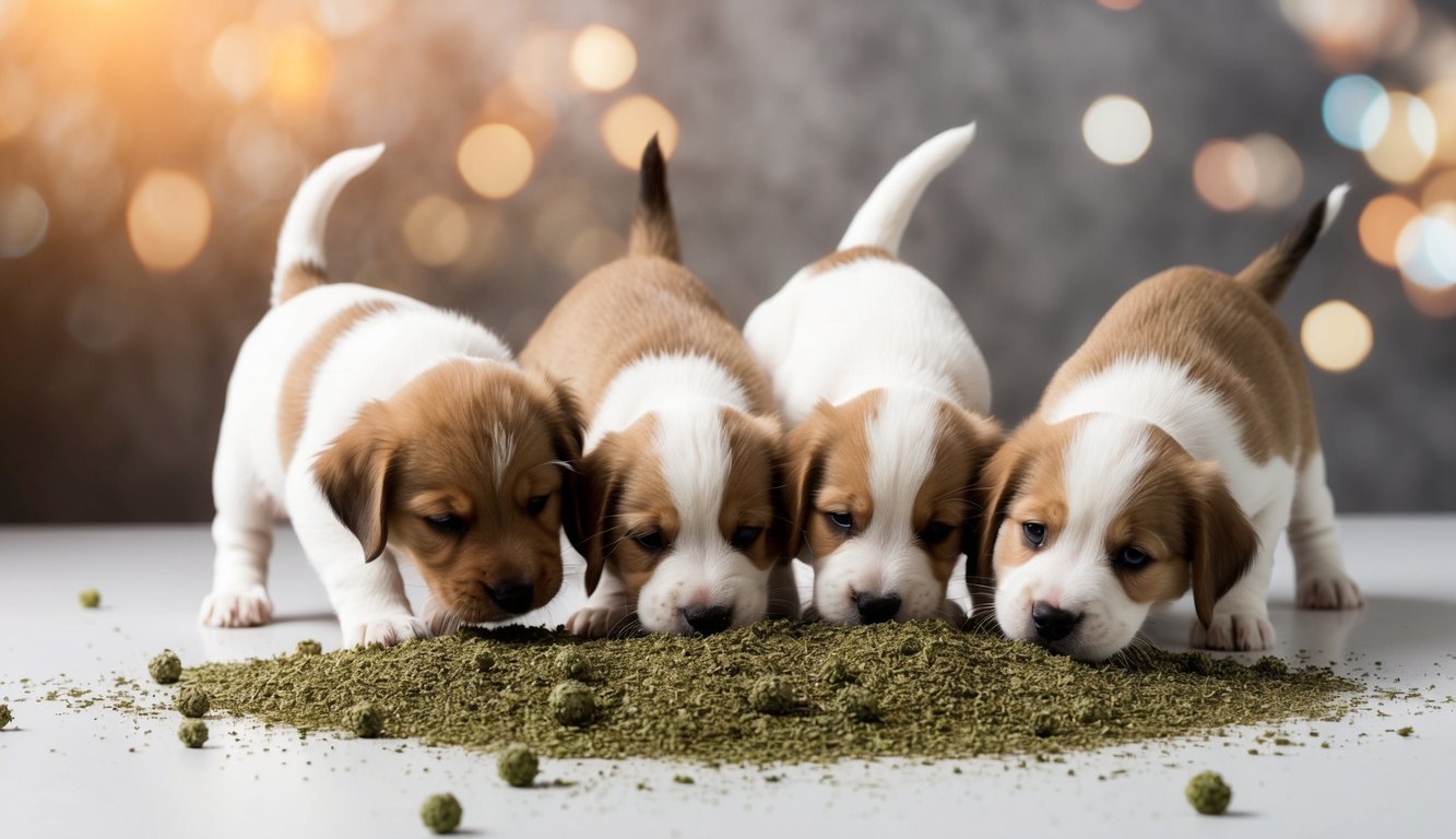 Puppies surrounded by spilled catnip, sniffing and rolling in it with playful excitement