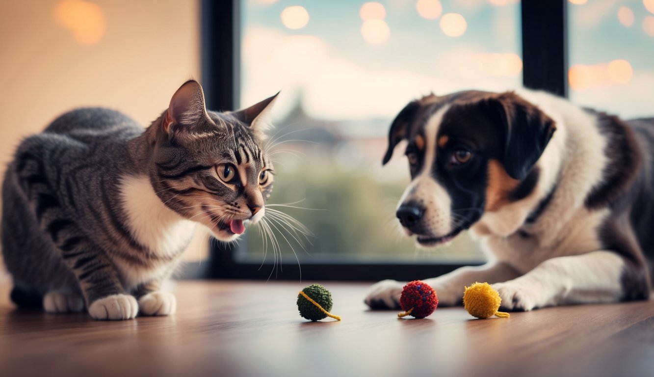 A playful cat with catnip toys while a cautious dog watches nearby