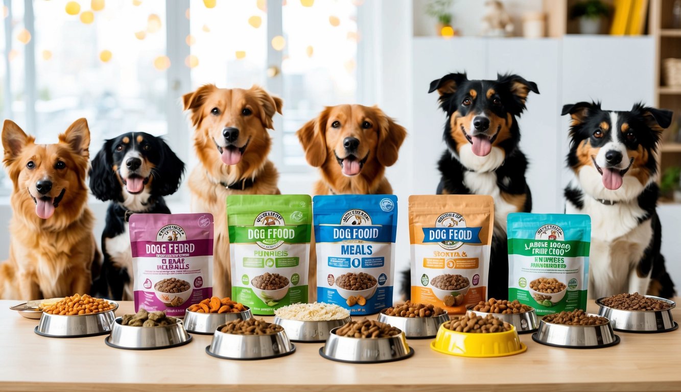 A variety of dog food meals and recipes displayed on a table, surrounded by happy and healthy-looking pets eagerly waiting to be fed