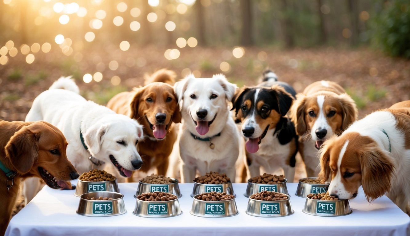 A group of dogs eagerly gather around a table filled with bowls of The Pets Table dog food, eagerly digging in as they enjoy their subscription meal