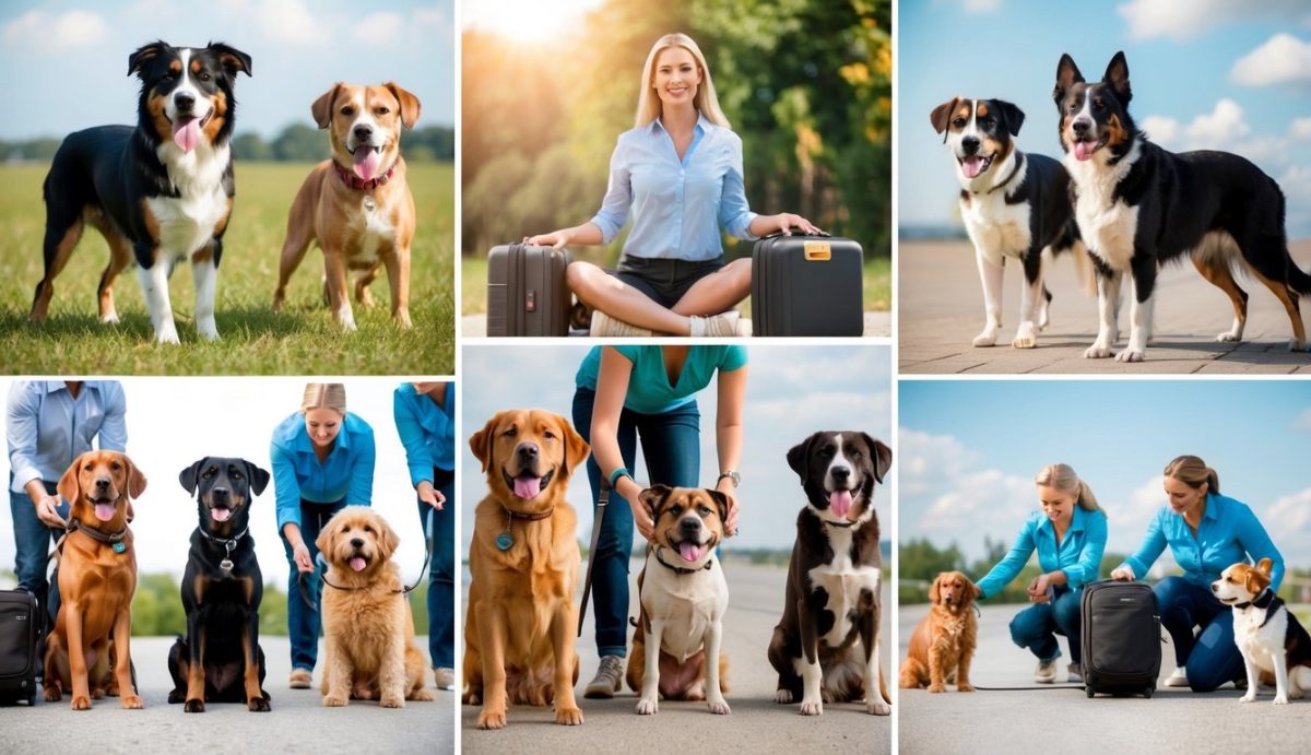 Collage of dogs and a woman outdoors in bright, sunny weather—some images show her with a suitcase, highlighting the experience of traveling with a reactive dog; others capture groups of dogs sitting or standing together.