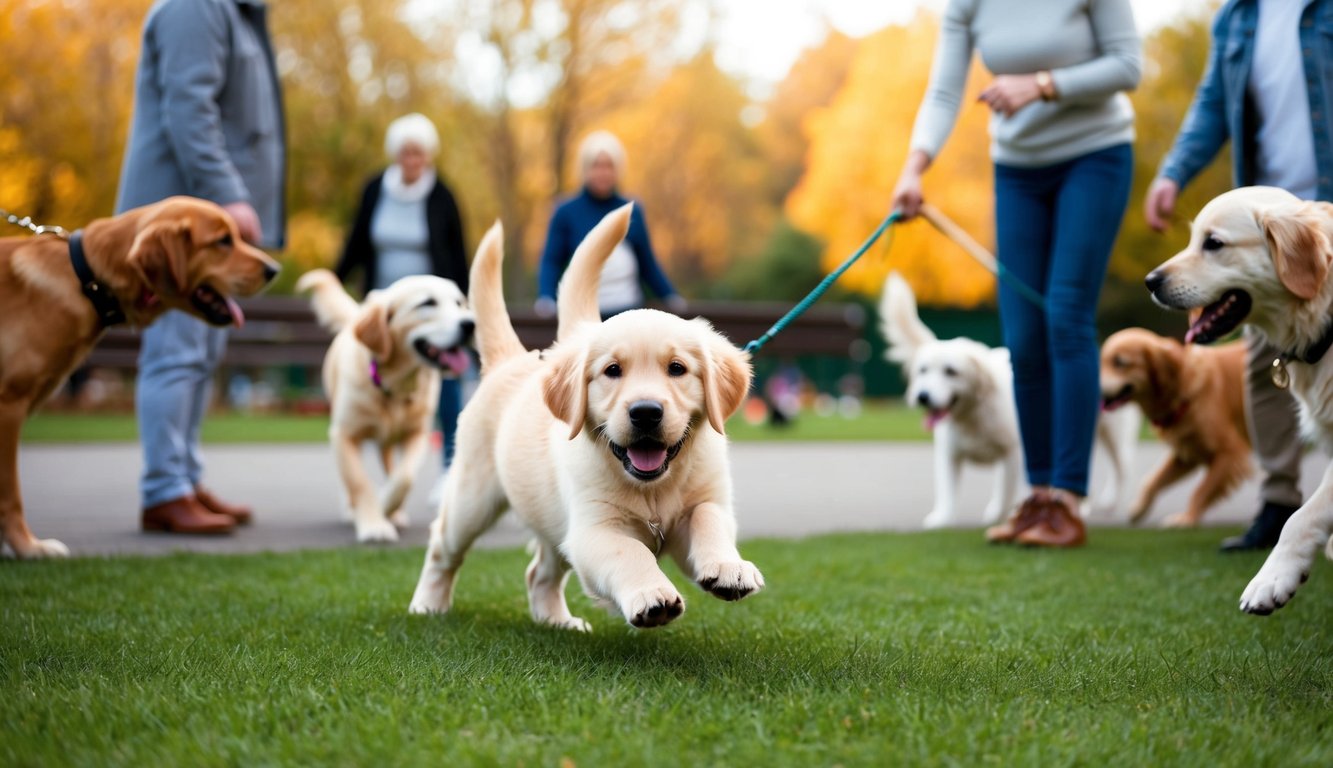 A golden retriever puppy playing with other dogs at a busy dog park, while its owner observes and interacts with other dog owners