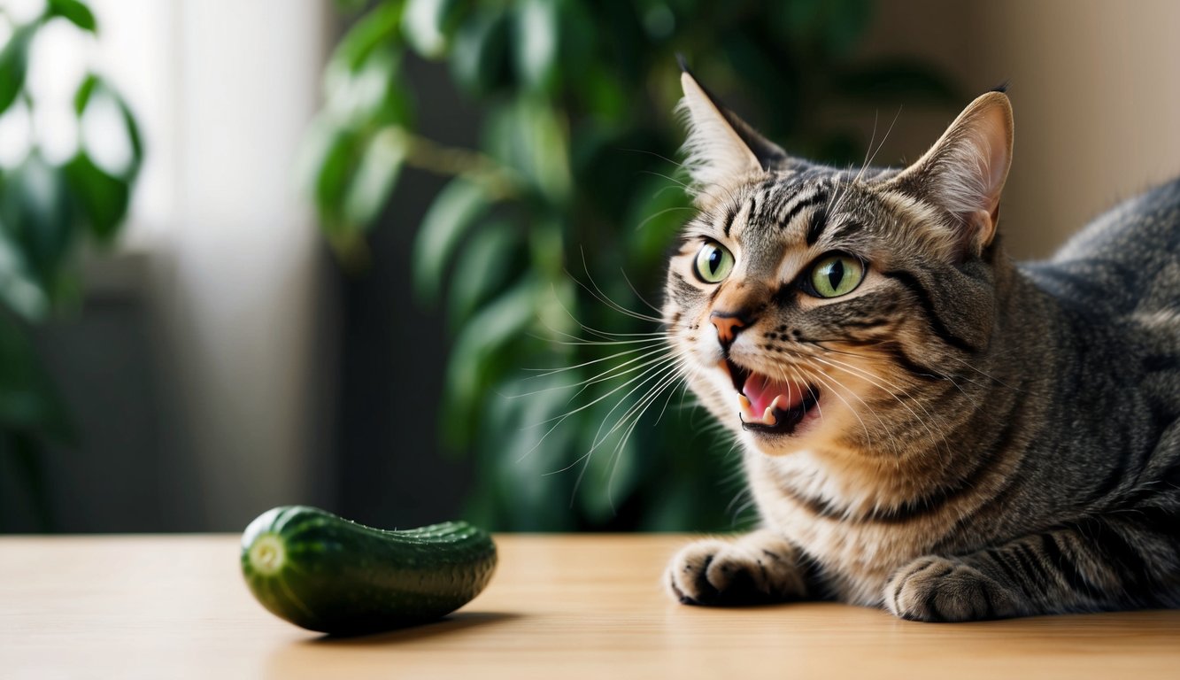 A startled cat hisses and arches its back at a cucumber placed behind it, its eyes wide with fear