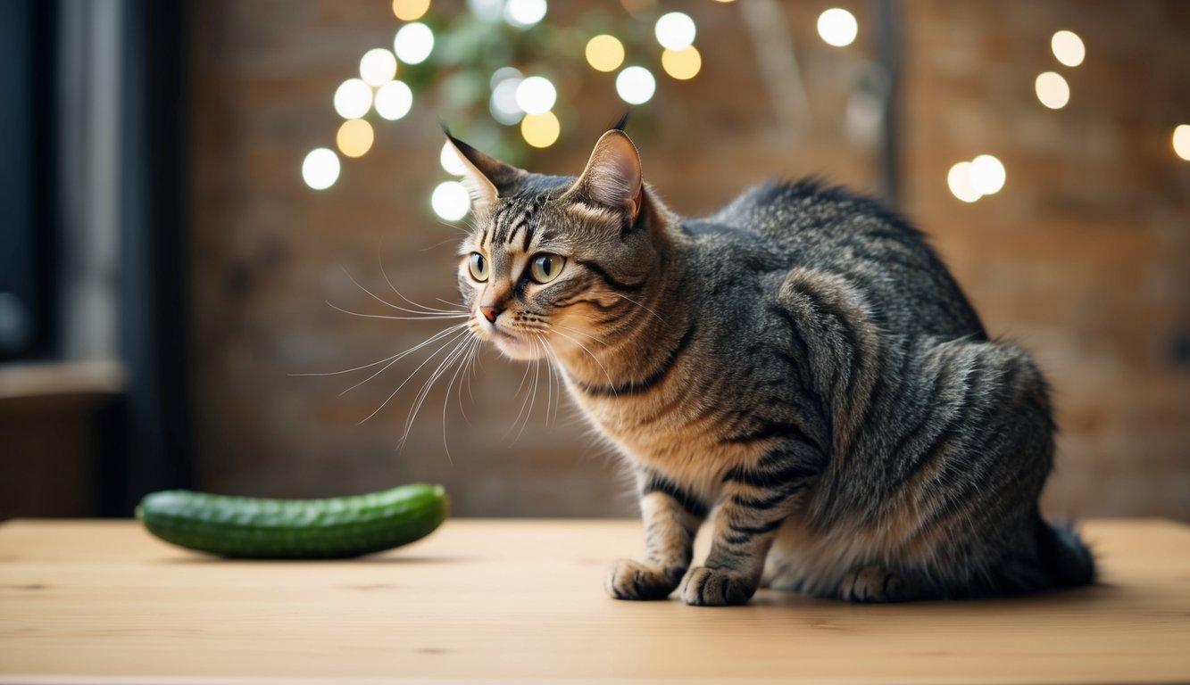A startled cat arches its back, fur standing on end, as it stares wide-eyed at a cucumber placed behind it