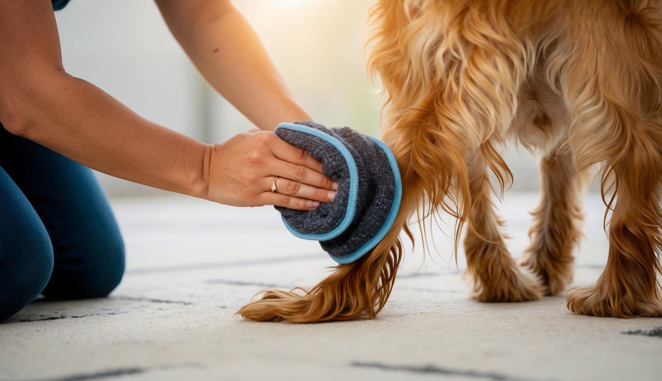 A dog's rear end being gently wiped in a circular motion
