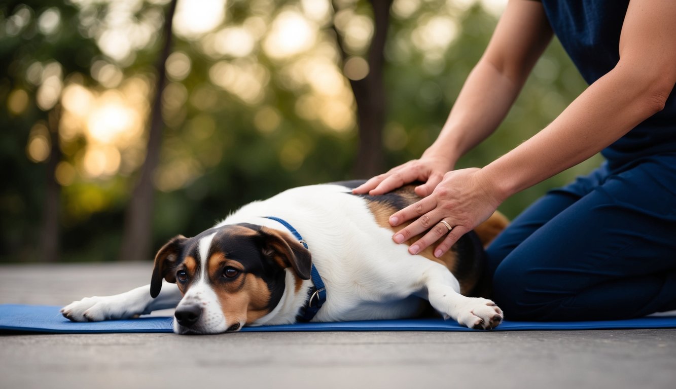 A dog lying on its side, receiving a gentle abdominal massage from an unseen figure