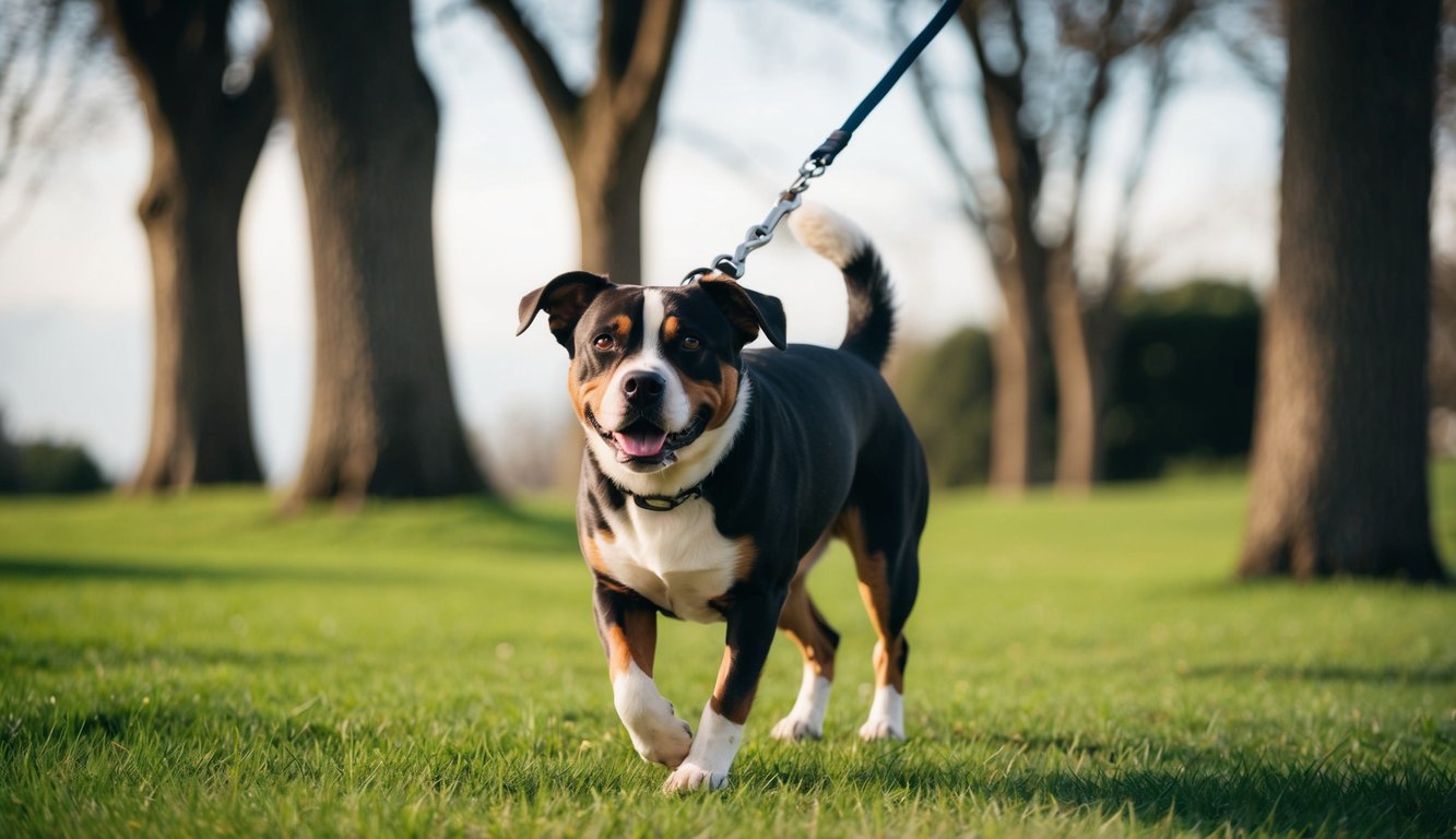 A dog walking briskly on a leash, surrounded by trees and grassy areas, with a determined expression on its face