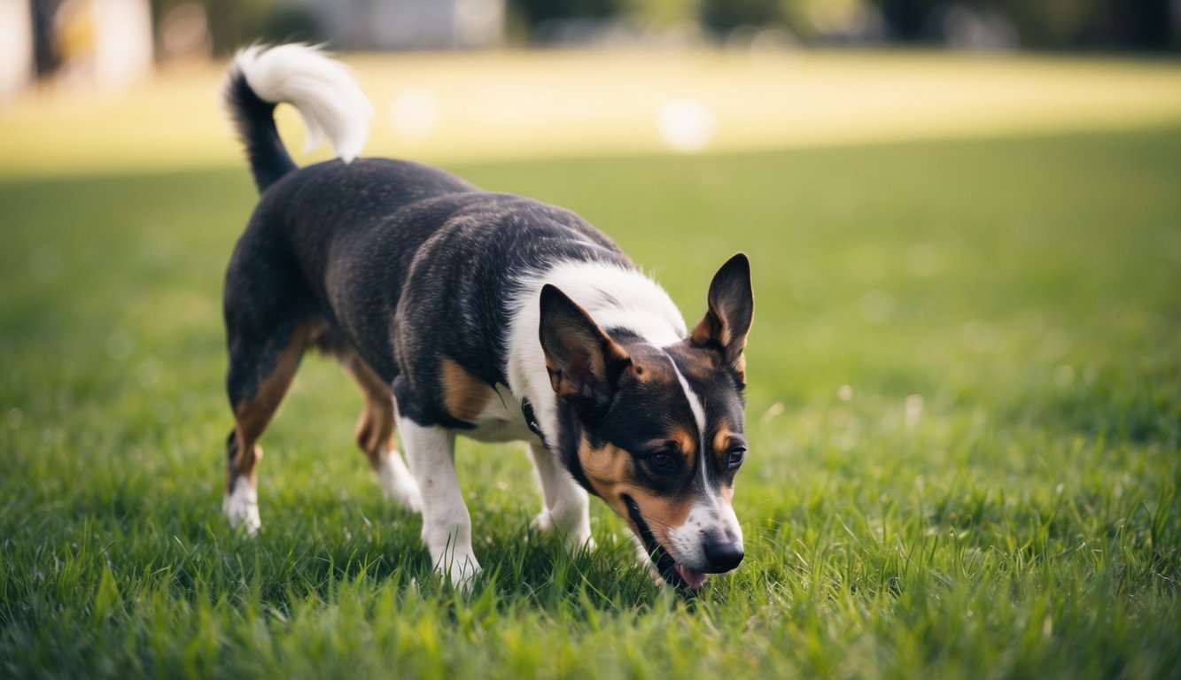 A dog eagerly sniffing around a grassy area, tail wagging, with a determined look on its face