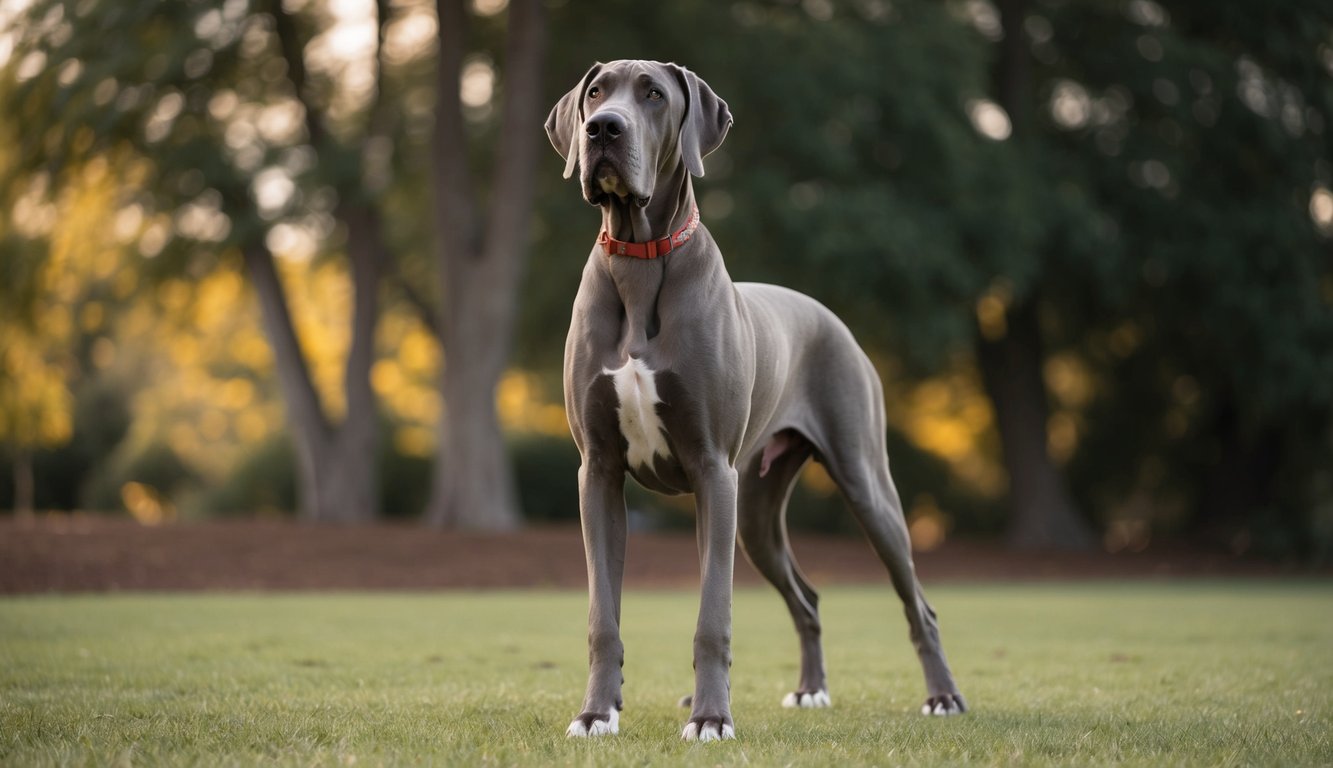 A Great Dane stands tall, still growing at 2 years old. Surrounding objects appear small in comparison to the massive dog