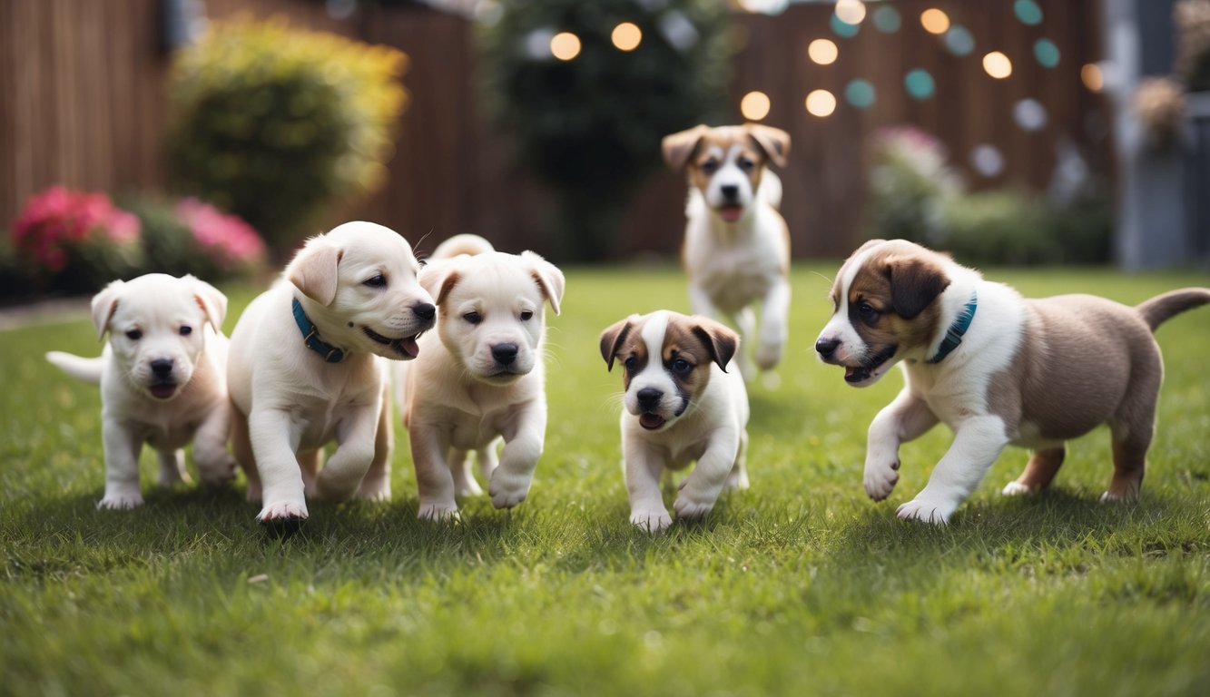 A litter of puppies, each varying in size, playing in a yard with their parents nearby