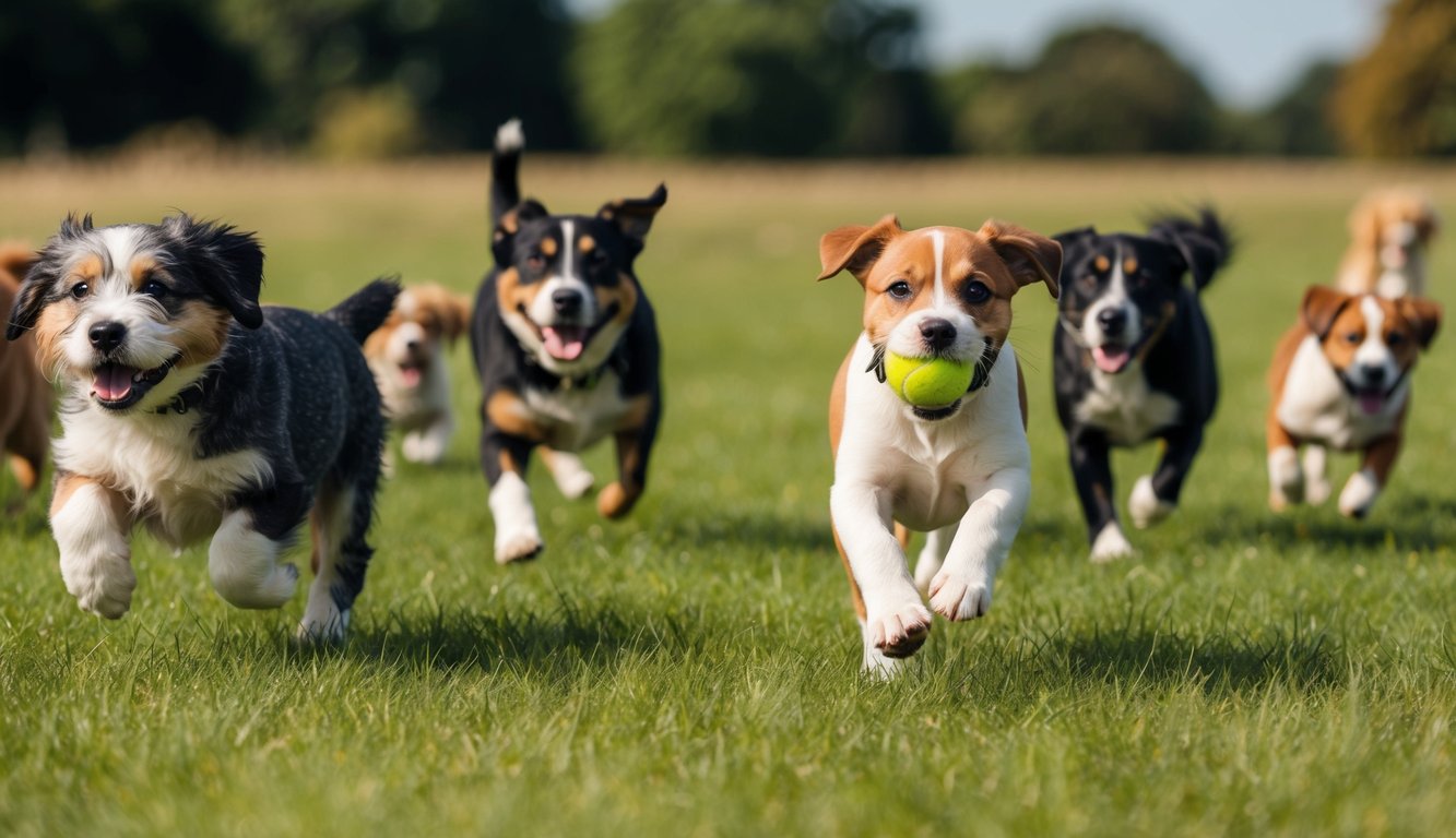 A playful puppy running through a grassy field, with a ball in its mouth, surrounded by other dogs of varying sizes and breeds
