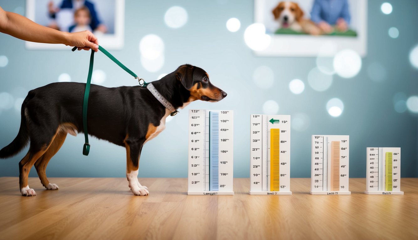 A series of measurements being taken of a dog's height and length at different stages of its growth, with various factors influencing its growth displayed in the background