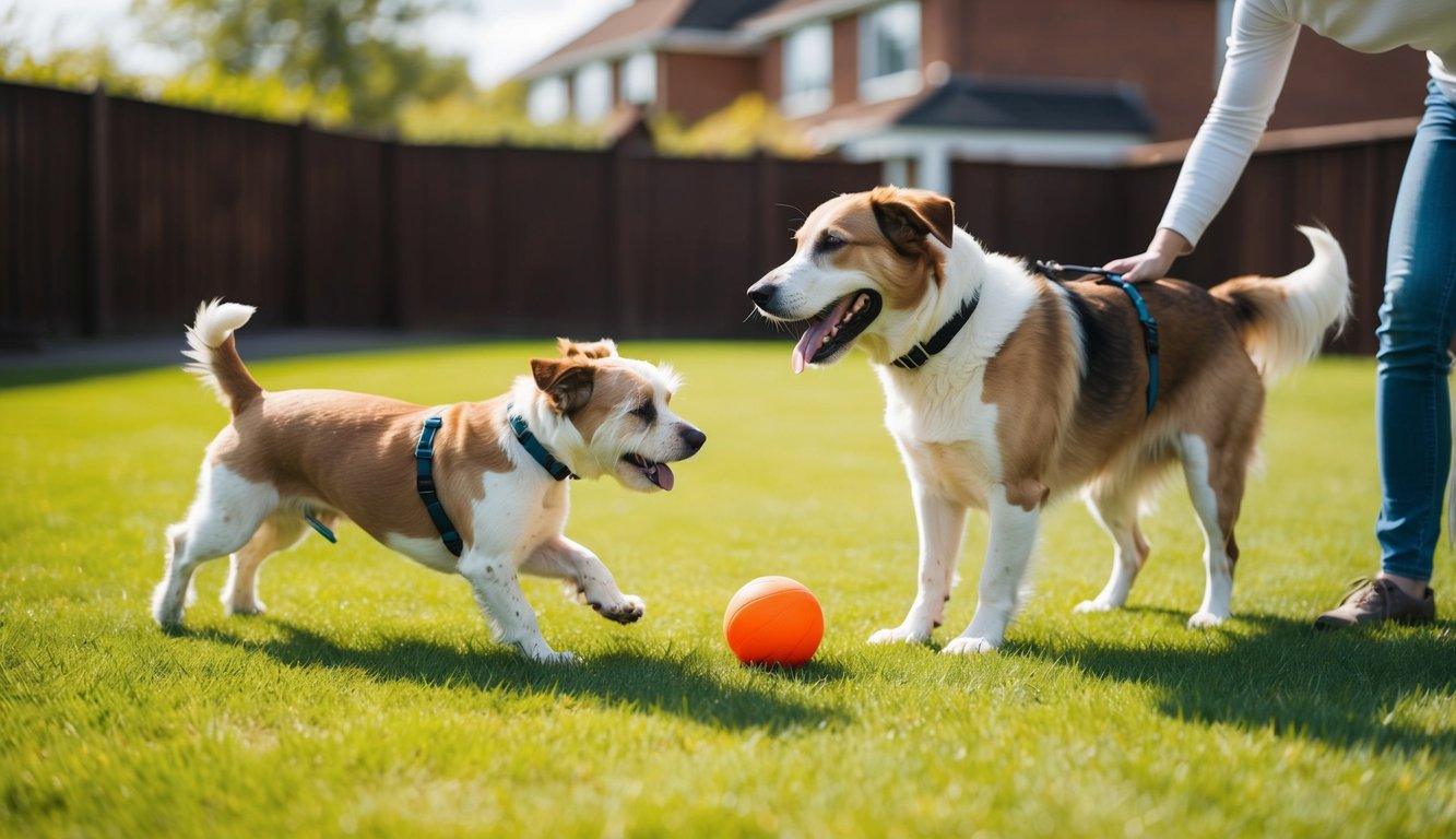 Two dogs, one large and one small, enjoy separate outdoor time in a spacious backyard. Each dog is engaged in different activities, such as playing with a ball or exploring the yard, while receiving individual attention from their owner