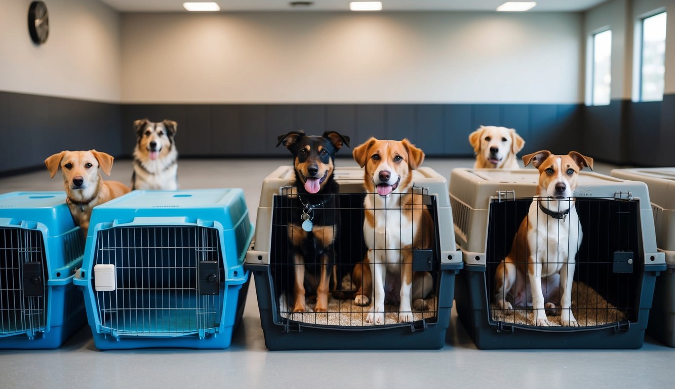 Several dogs of different breeds are separated by crates in a spacious training room, each with their own designated area for travel or training sessions