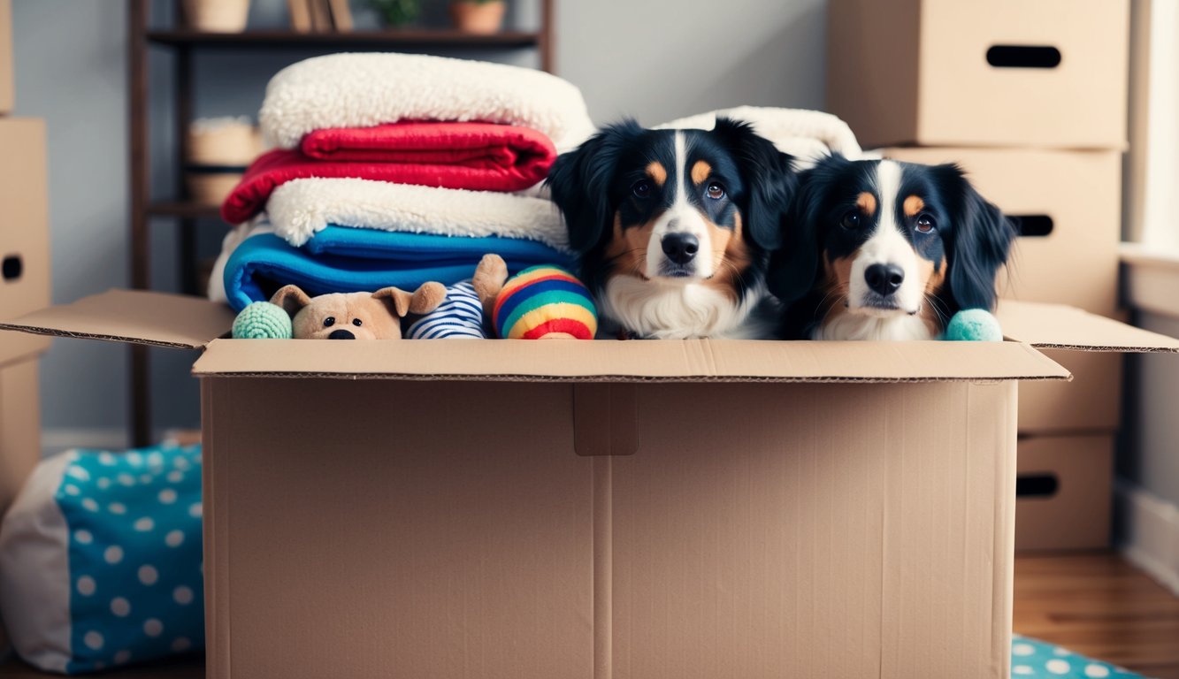 Multiple dogs' blankets and toys packed neatly in a moving box, ready for comfort and familiarity during the transition
