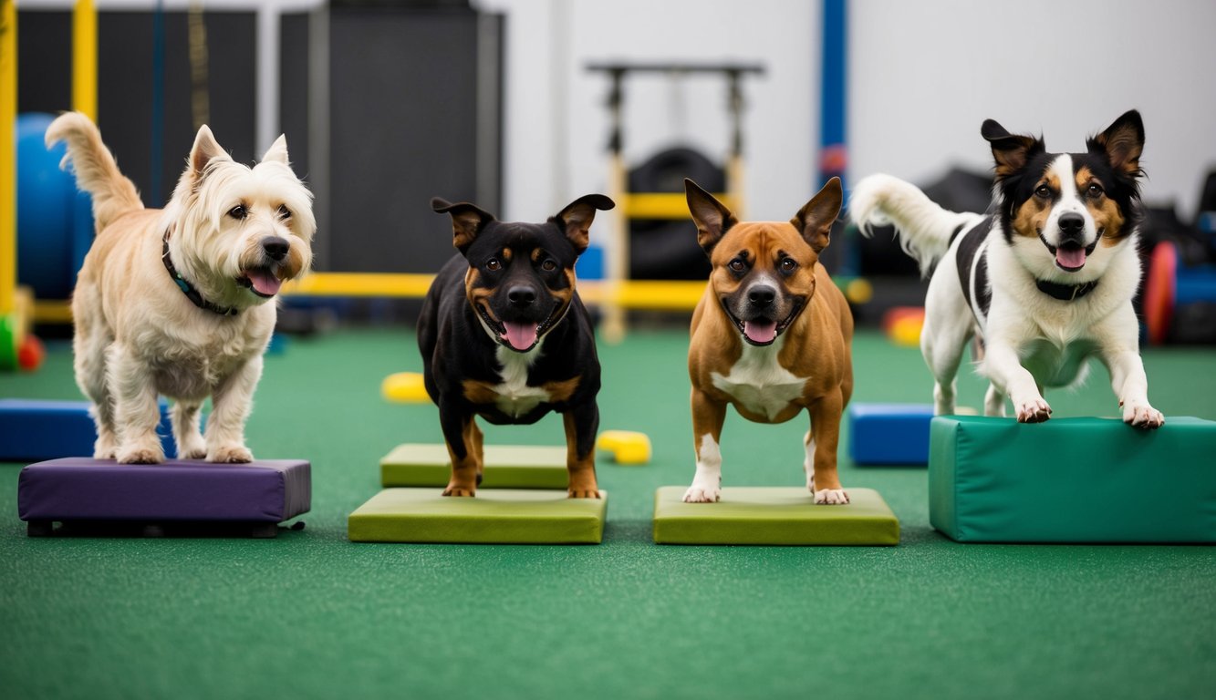 Various dogs of different breeds and sizes engaged in specific exercises suited to their energy levels, with a variety of equipment and obstacles tailored to their individual needs