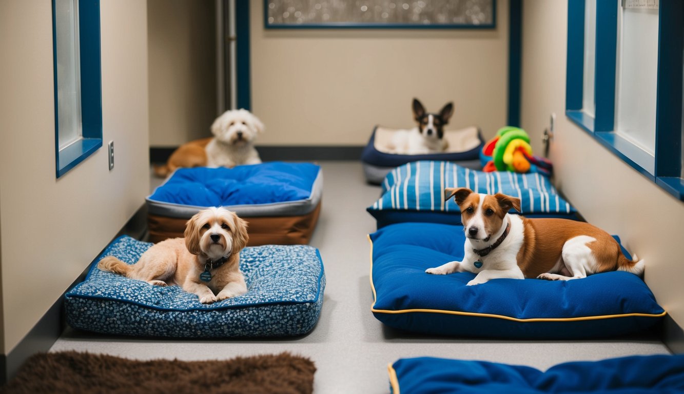Individual resting areas for dogs with various beds, blankets, and toys. Each station is tailored to different breeds and needs