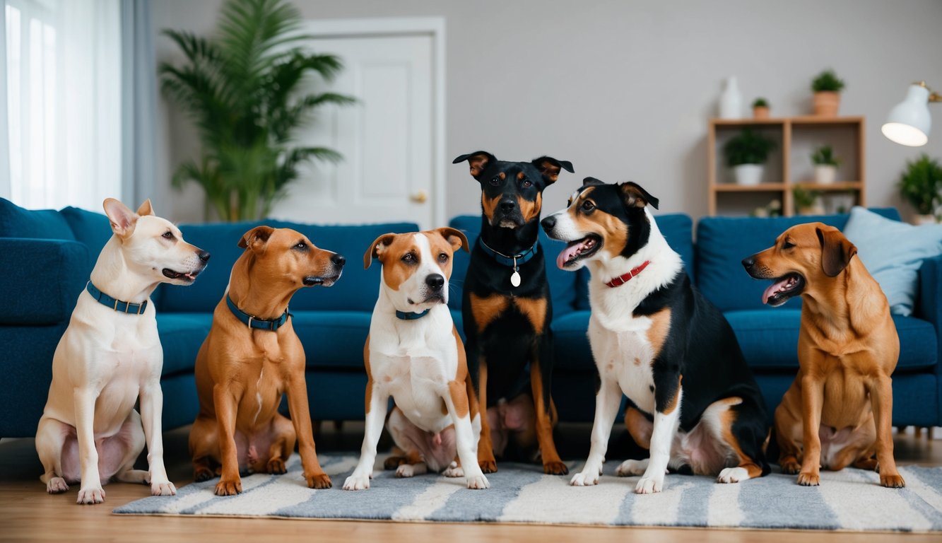 Several dogs of different breeds interact in a living room, some showing signs of stress or conflict during a move