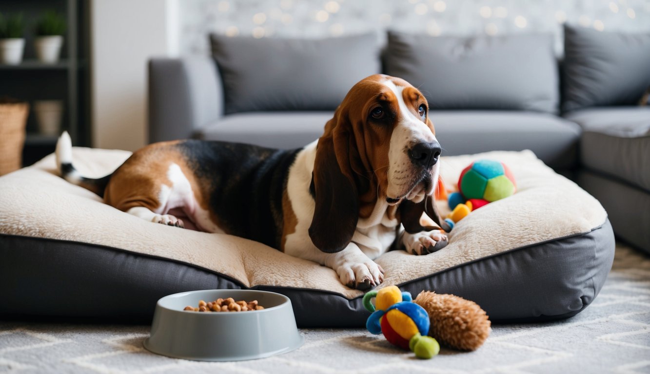 A content basset hound lounging on a plush bed, surrounded by toys and a food bowl. A relaxed expression on its face