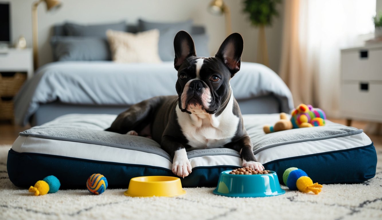 A French Bulldog lounges on a cozy bed, surrounded by toys and a food bowl. The room is tidy and well-organized, with minimal clutter