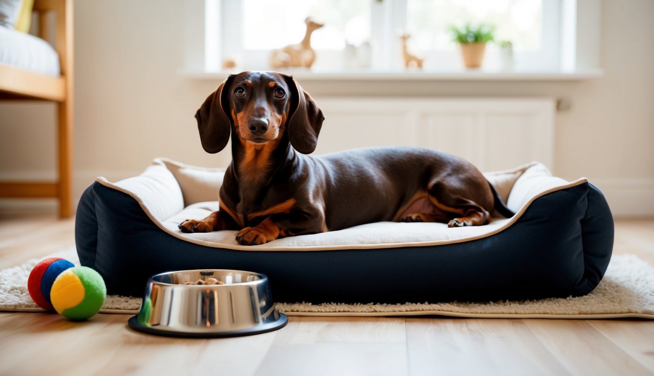 A dachshund lounging on a cozy dog bed, surrounded by toys and a food bowl. The room is tidy and bright, with a sunny window in the background