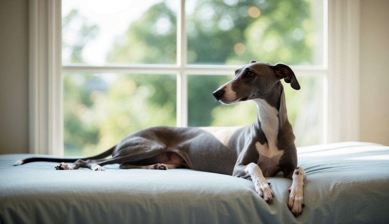 A greyhound lounges on a soft bed, gazing out a sunny window. Its sleek, slender body exudes an air of graceful ease