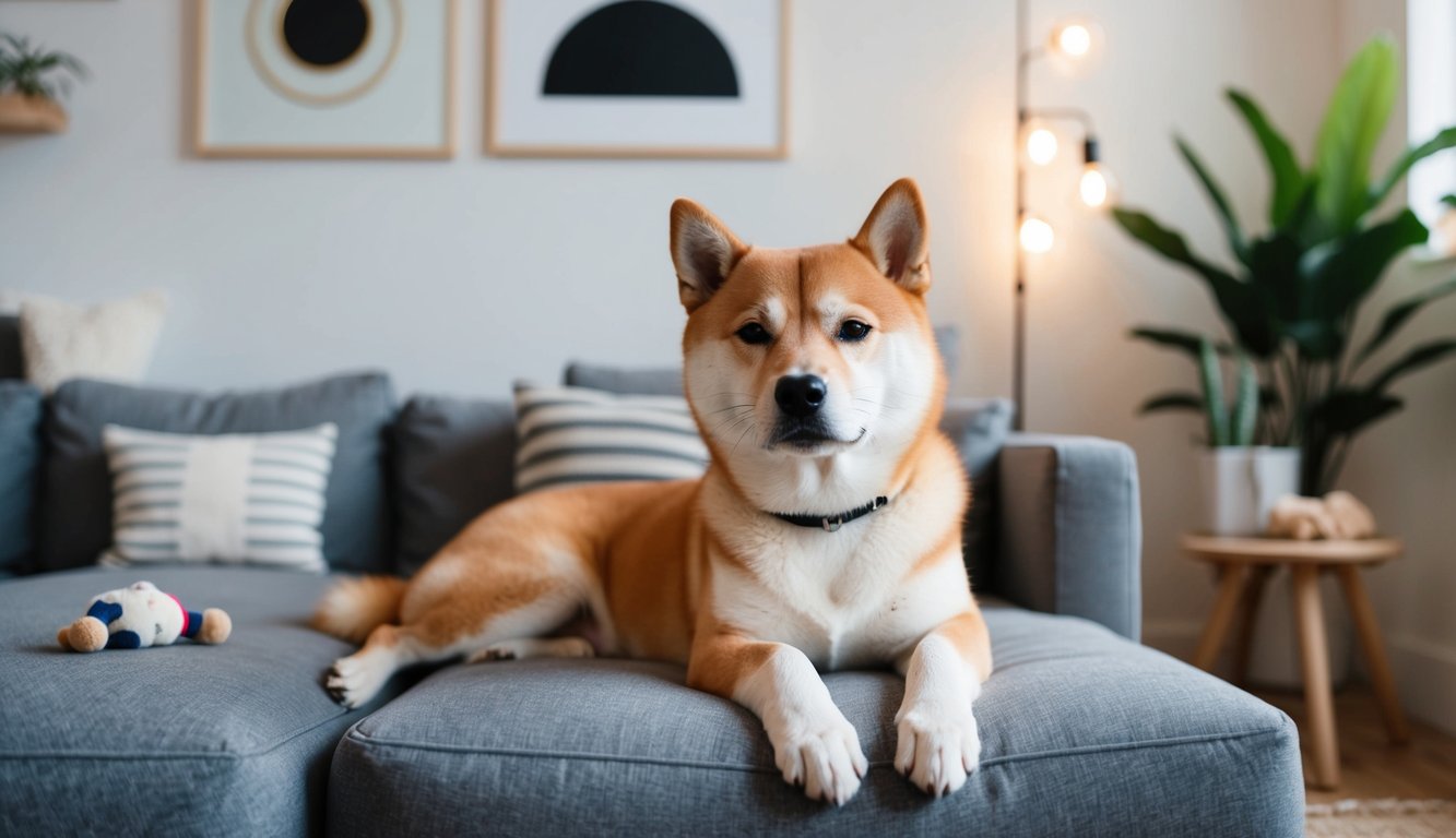 A Shiba Inu lounges in a cozy living room, surrounded by minimalistic decor and a few toys. The dog's relaxed expression reflects its low-maintenance nature