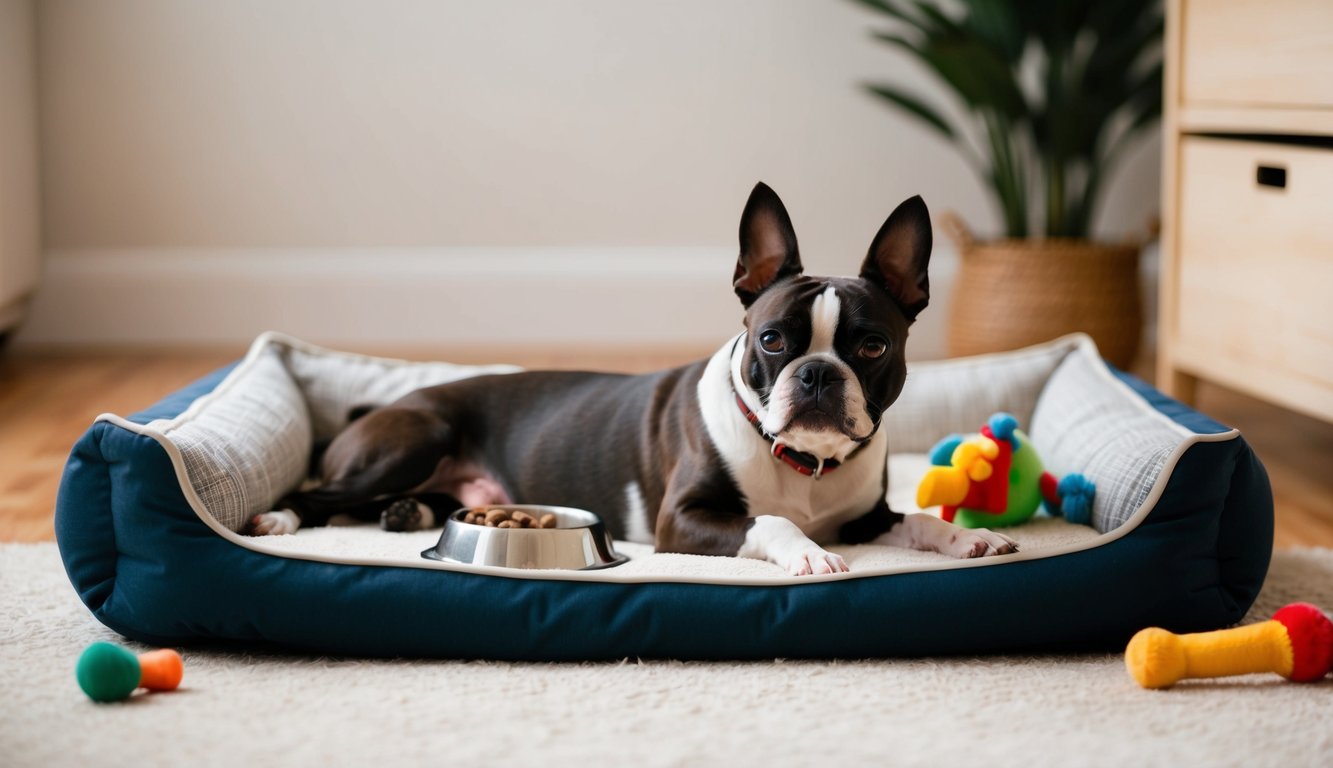 A Boston Terrier lounges on a cozy dog bed, surrounded by toys and a food bowl. The room is tidy and well-lit, with a relaxed and content atmosphere