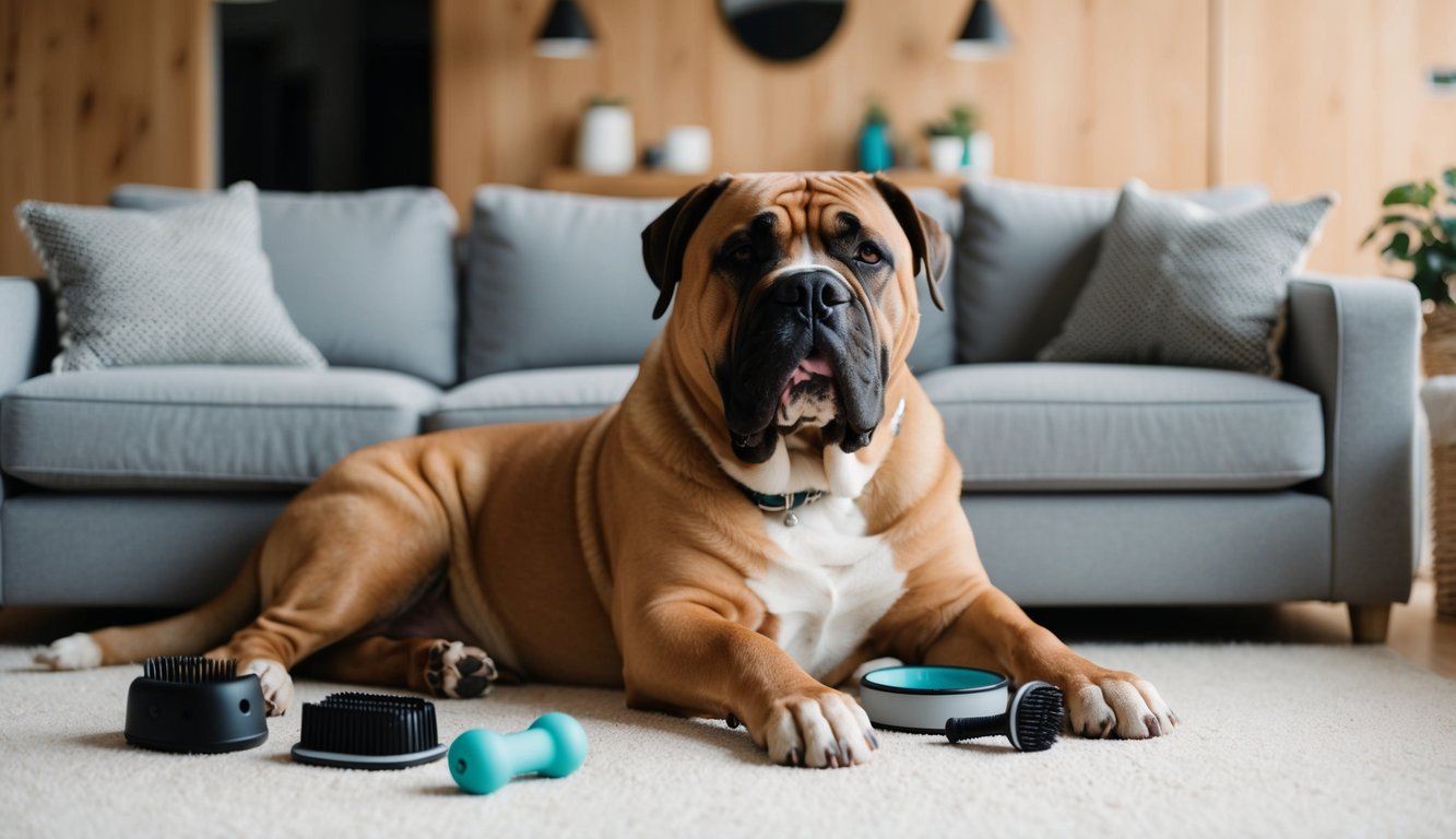 A Bullmastiff lounges contently in a cozy living room, surrounded by minimalistic yet durable dog toys and a low-maintenance grooming kit