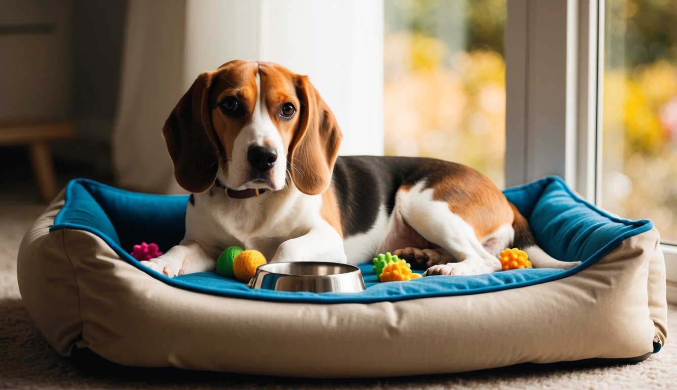 A beagle lounges on a cozy dog bed, surrounded by toys and a food bowl. The sun streams through a nearby window, casting a warm glow on the relaxed pup