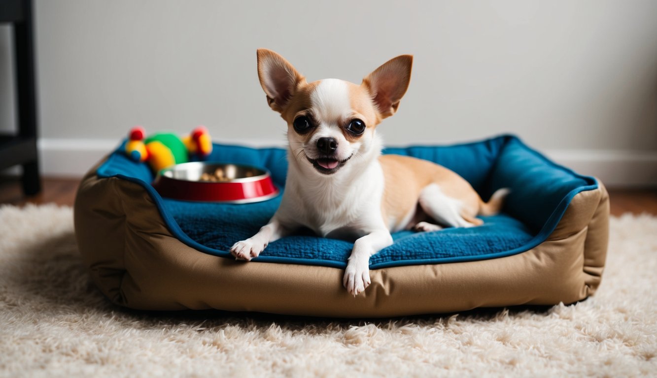 A Chihuahua lounges on a cozy dog bed, surrounded by toys and a food bowl. The small dog looks content and relaxed, with a happy expression on its face