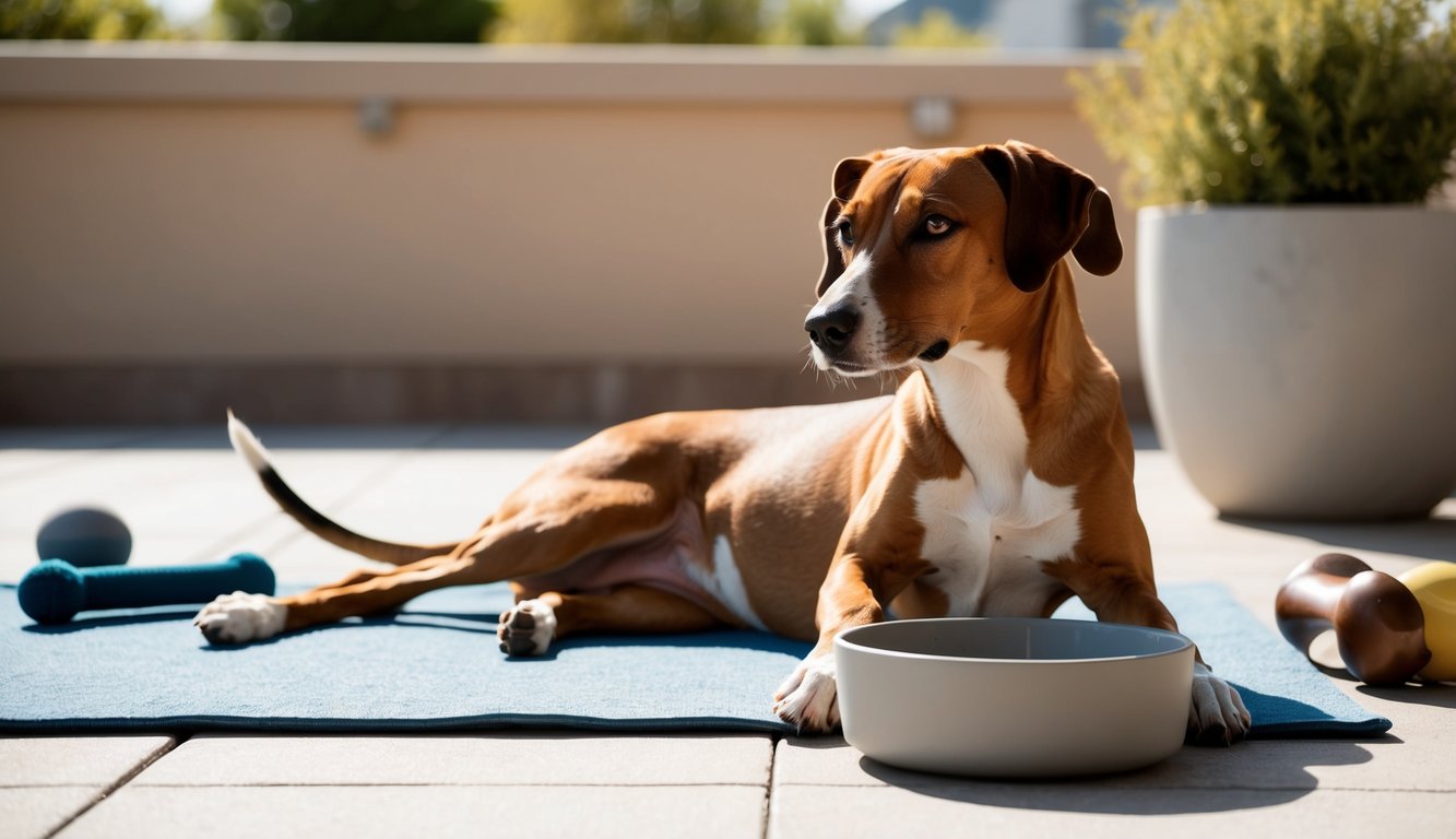 A basenji lounges on a sunny patio, surrounded by minimalistic dog toys and a sleek, modern water bowl. Its coat is smooth and glossy, and it exudes an air of independence