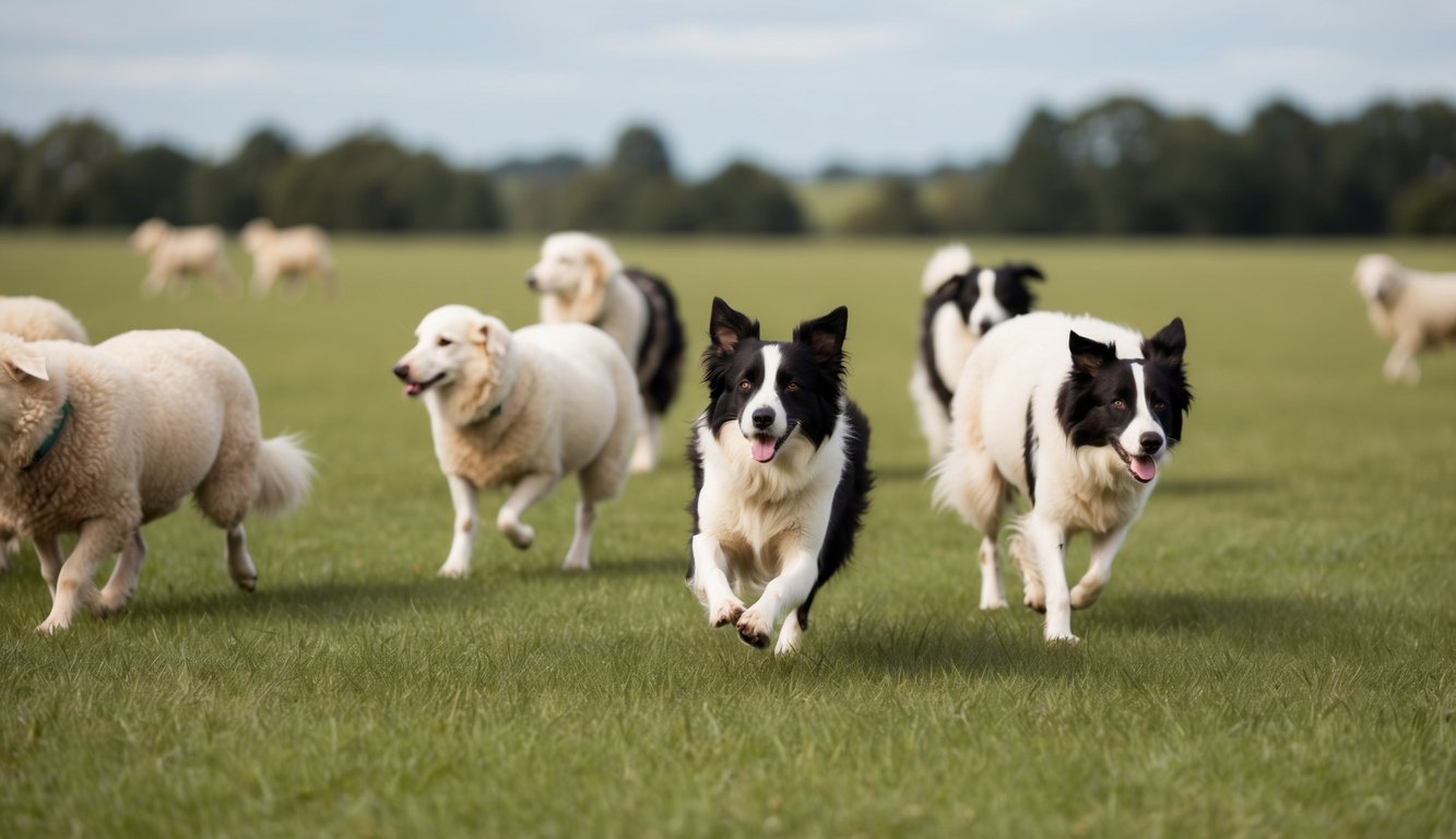 A border collie herding sheep in a spacious field, with other dogs of the same breed engaging in agility exercises and socializing nearby