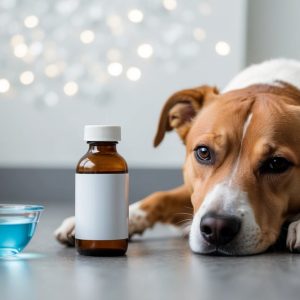 A brown and white dog lies on the floor next to a small bowl of blue liquid and a medicine bottle with a blank label, perhaps prompting the question: what can I give my dog for pain?.
