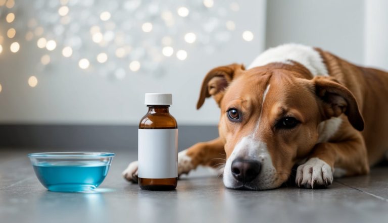 A brown and white dog lies on the floor next to a small bowl of blue liquid and a medicine bottle with a blank label, perhaps prompting the question: what can I give my dog for pain?.