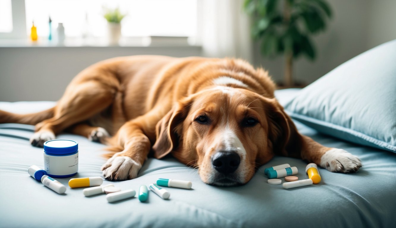 A dog lying on a comfortable bed, with a peaceful expression, surrounded by various medications for pain relief