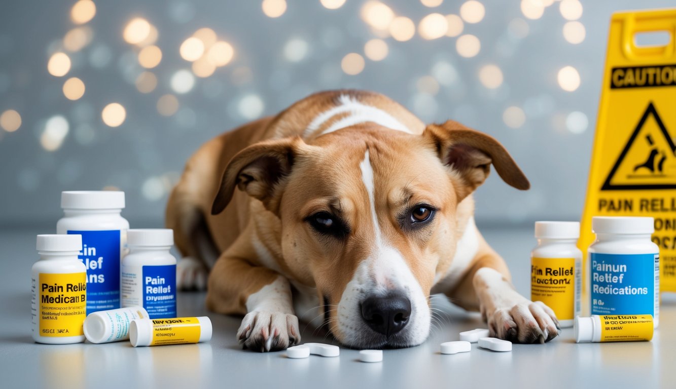 A dog lying down with a pained expression, surrounded by various pain relief medications and caution signs