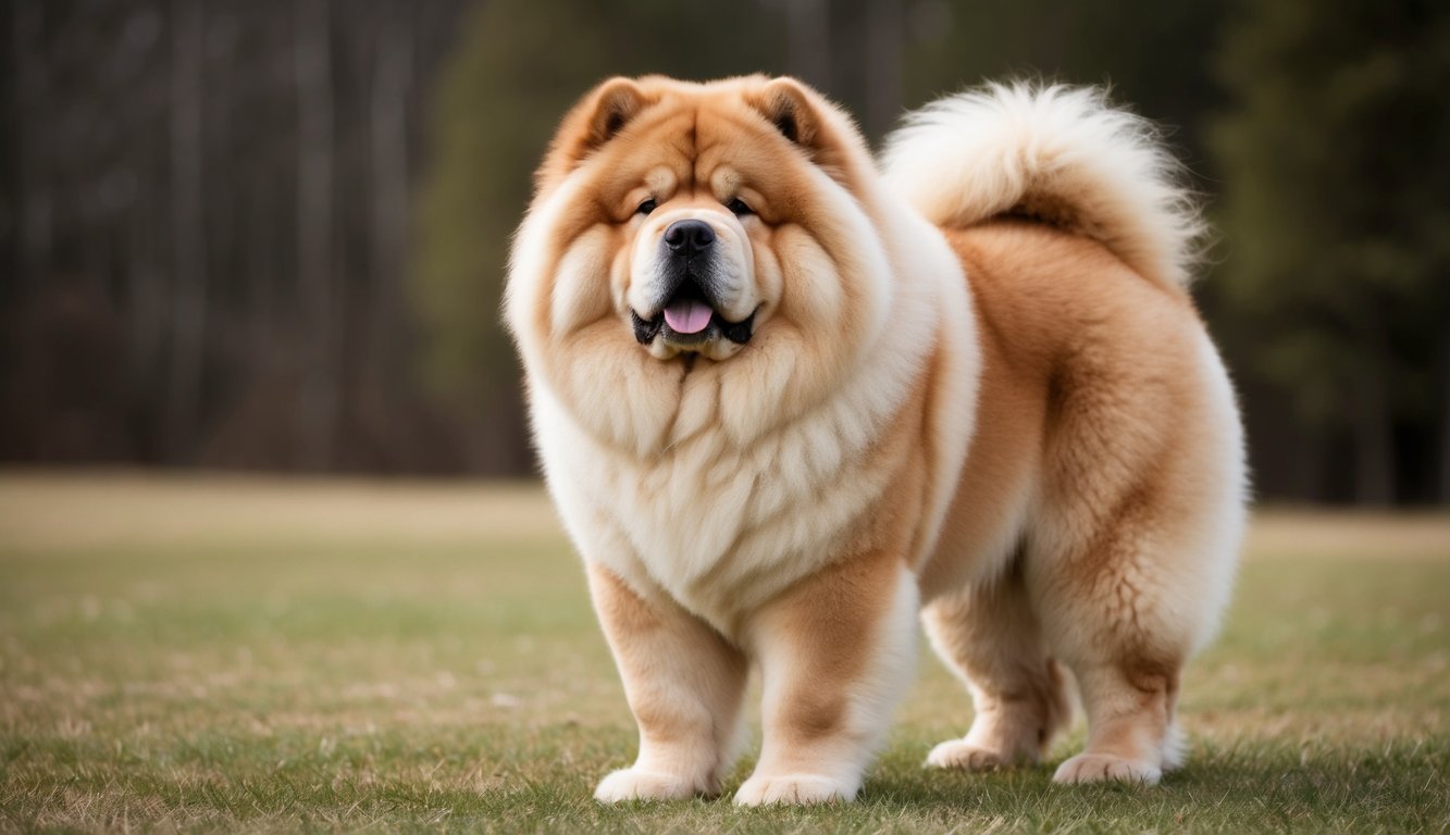 A Chow Chow dog stands tall and fluffy, resembling a bear with its thick mane and sturdy build, exuding a gentle and majestic aura
