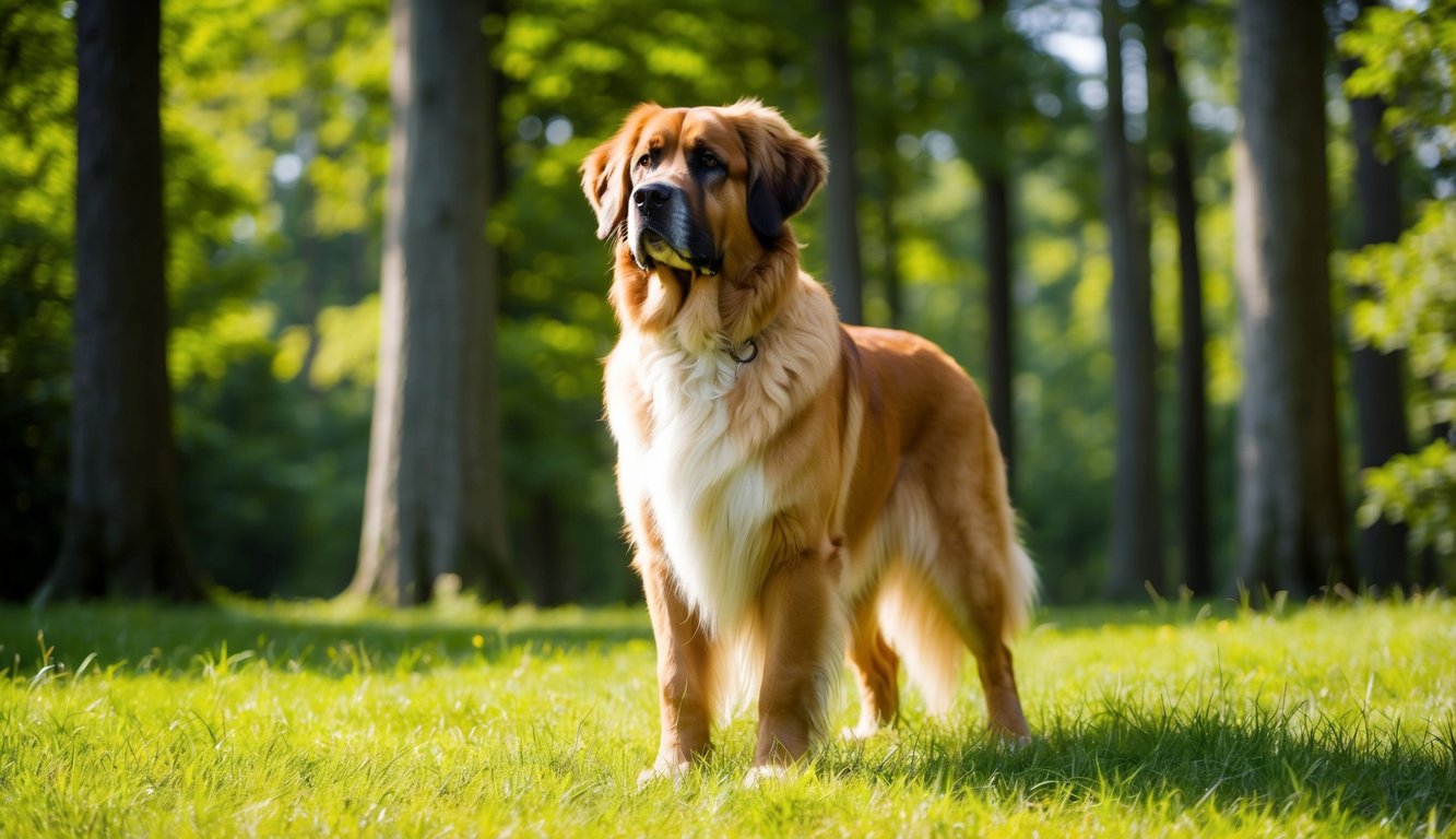 A Leonberger dog stands tall and majestic in a lush green forest, its thick golden fur glinting in the sunlight as it gazes off into the distance with a gentle expression