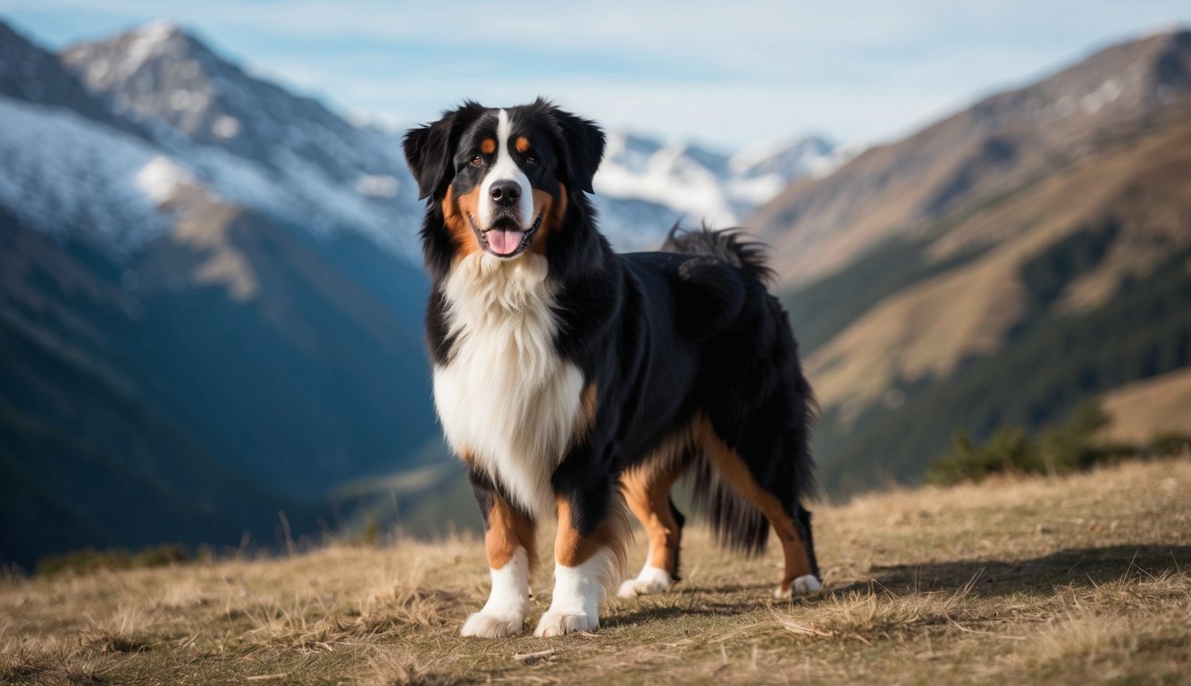 A Bernese Mountain Dog stands tall in a mountainous landscape, with its thick, fluffy coat and gentle expression, embodying the image of a gentle giant