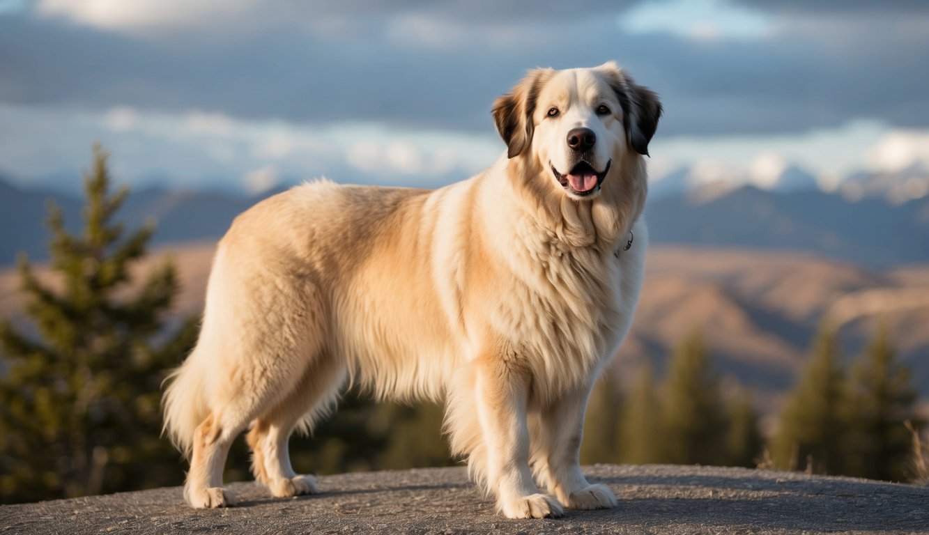 A Great Pyrenees dog standing tall and majestic, with a thick, fluffy coat resembling that of a bear, exuding a gentle and friendly demeanor